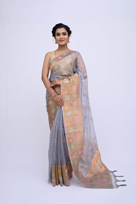 Grey Organza Silk Saree With Rich Border