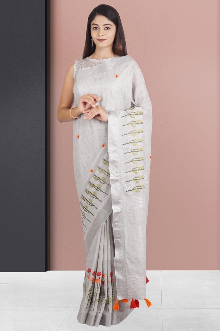 Grey Linen Saree With Modish Work and Resham Border