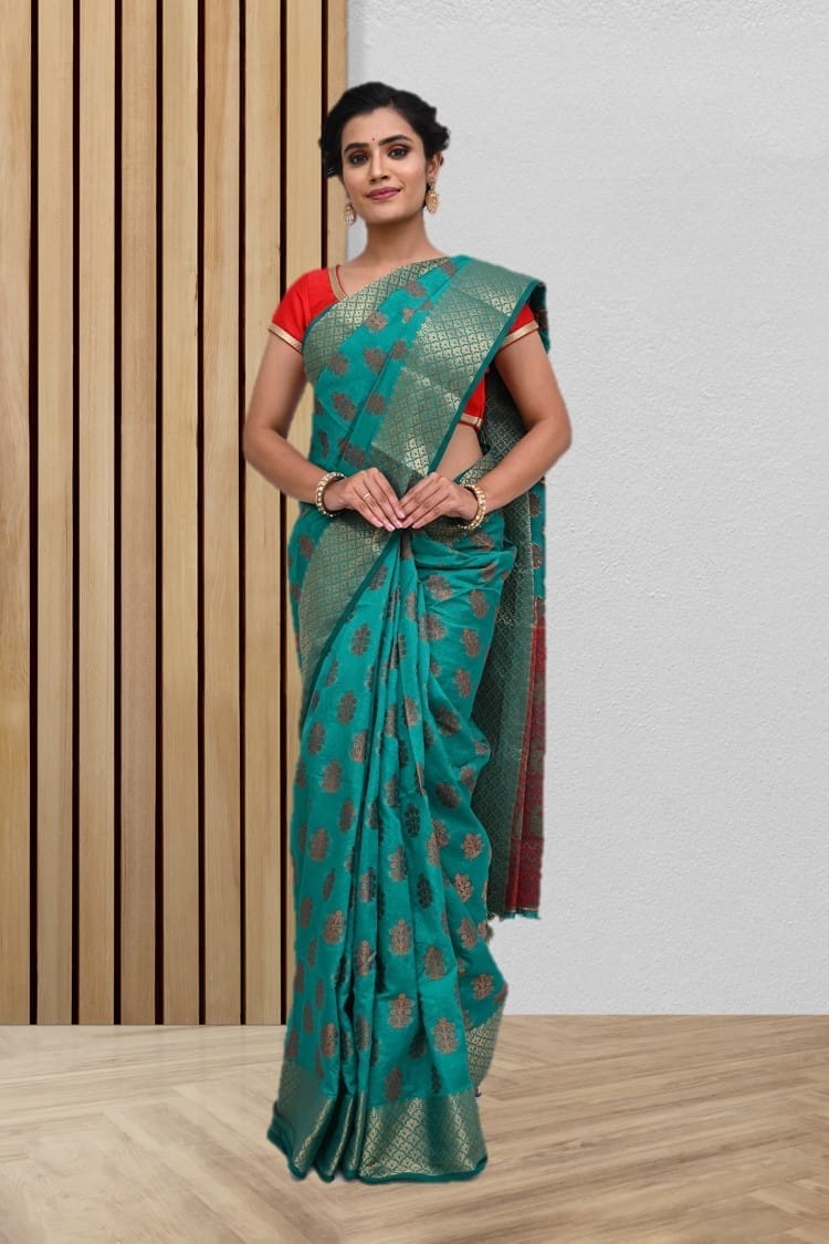 Rama Green Semi Silk Saree With Modish Design