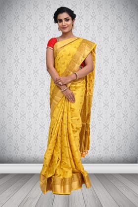 Yellow Semi Silk Saree With Jaal Work and Modish Design