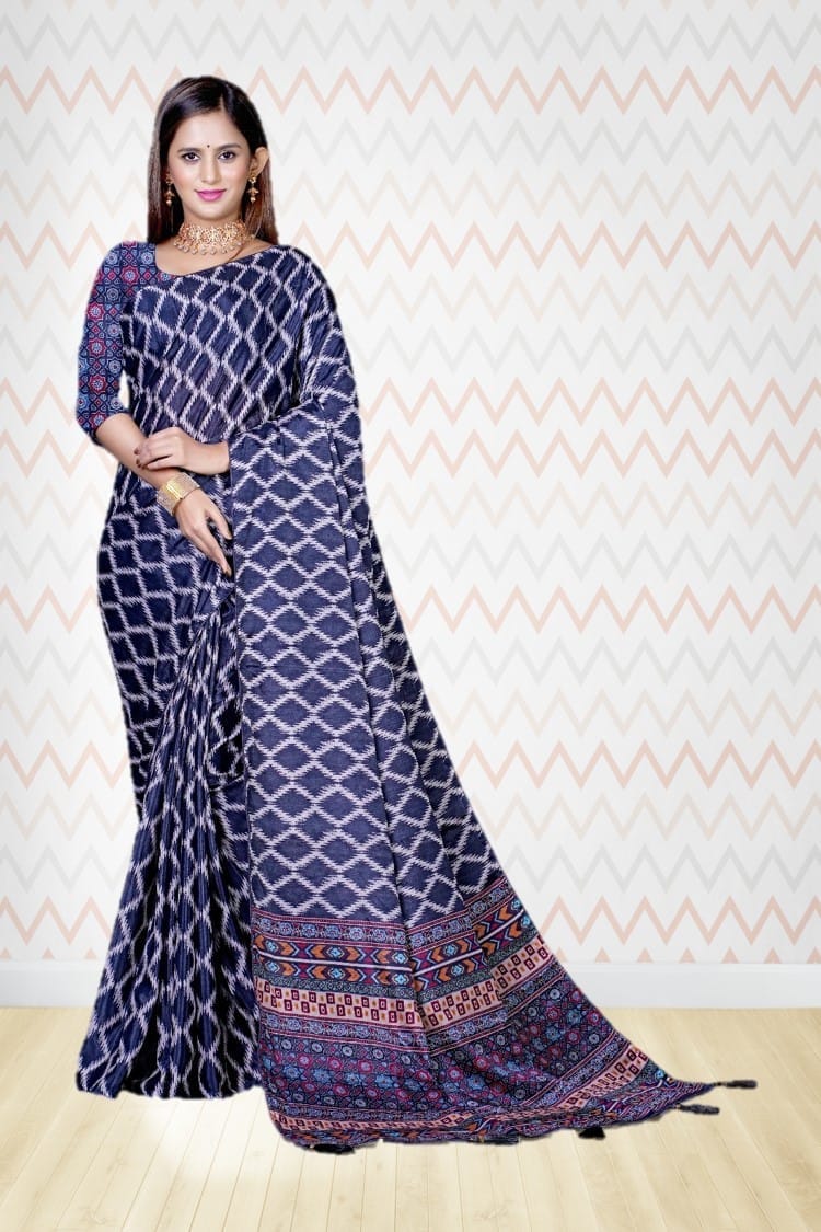 Navy Blue Bagh Print Cotton Silk Saree