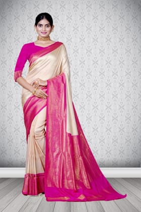 Off white Kanjiwaram Silk Brocade Saree with Pink border