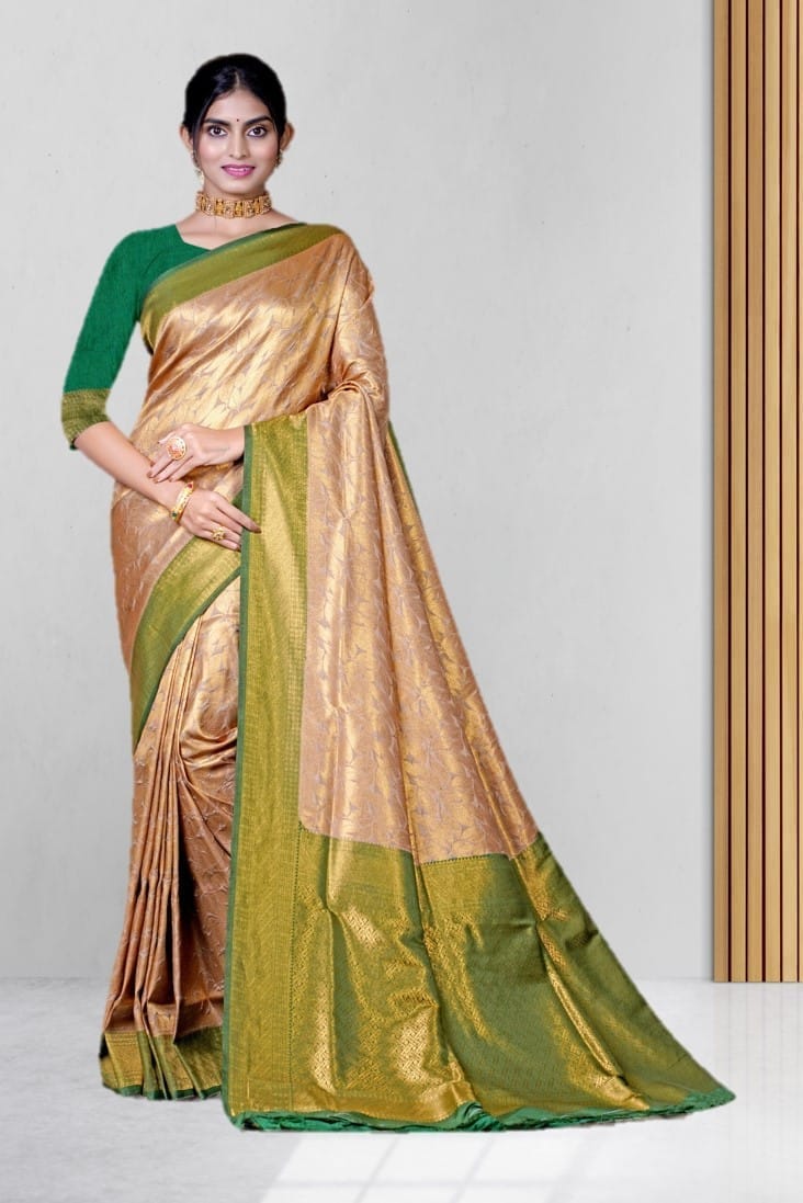 Cream Kanjiwaram Silk Brocade Saree with Green border