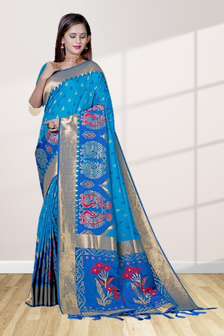 Peacock Blue Patola Soft Silk Saree