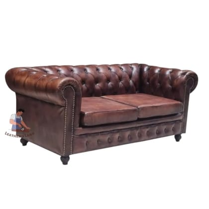 Brown Two Seater Leather Sofa | Solid Wood and Plywood Sofa for Home Living Room & Office