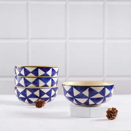 STOREPEDIA Handmade Blue Ceramic Bowls Set of 4 Microwave Safe Small Soup Serving Bowl for Kitchen, Dining Table,Restaurant Serving Pasta, Noodle, Maggi, Cereal Blue White 250 ml