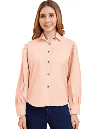 Women Regular Fit Solid Curved Collar Orange Casual Shirt