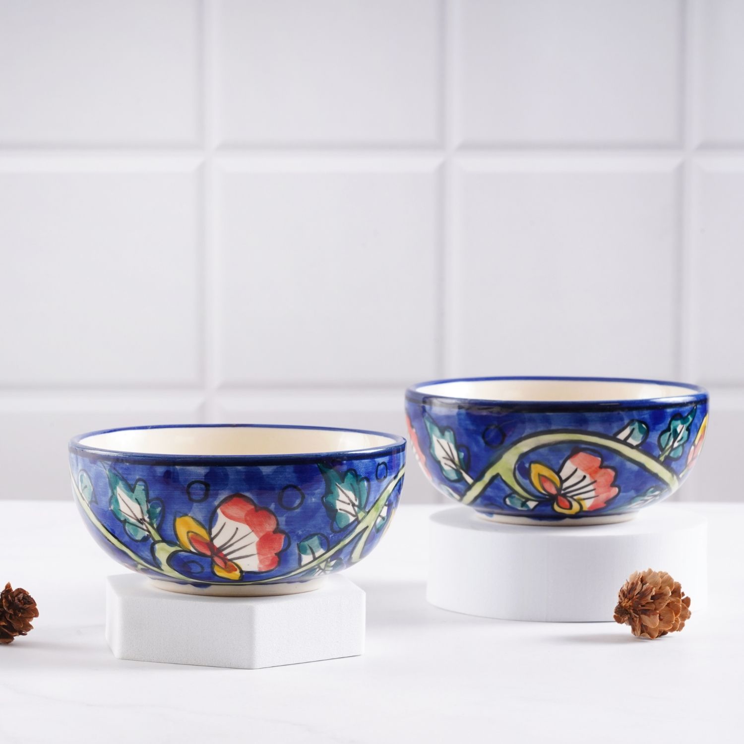 STOREPEDIA Handmade Blue Mughal Print Ceramic Bowls/Katori Microwave Dishwasher Safe Mughal Floral Print Bowl for Salad Dining Table Gift Serving Fruits, Bowl Set 250 ml Set of 2