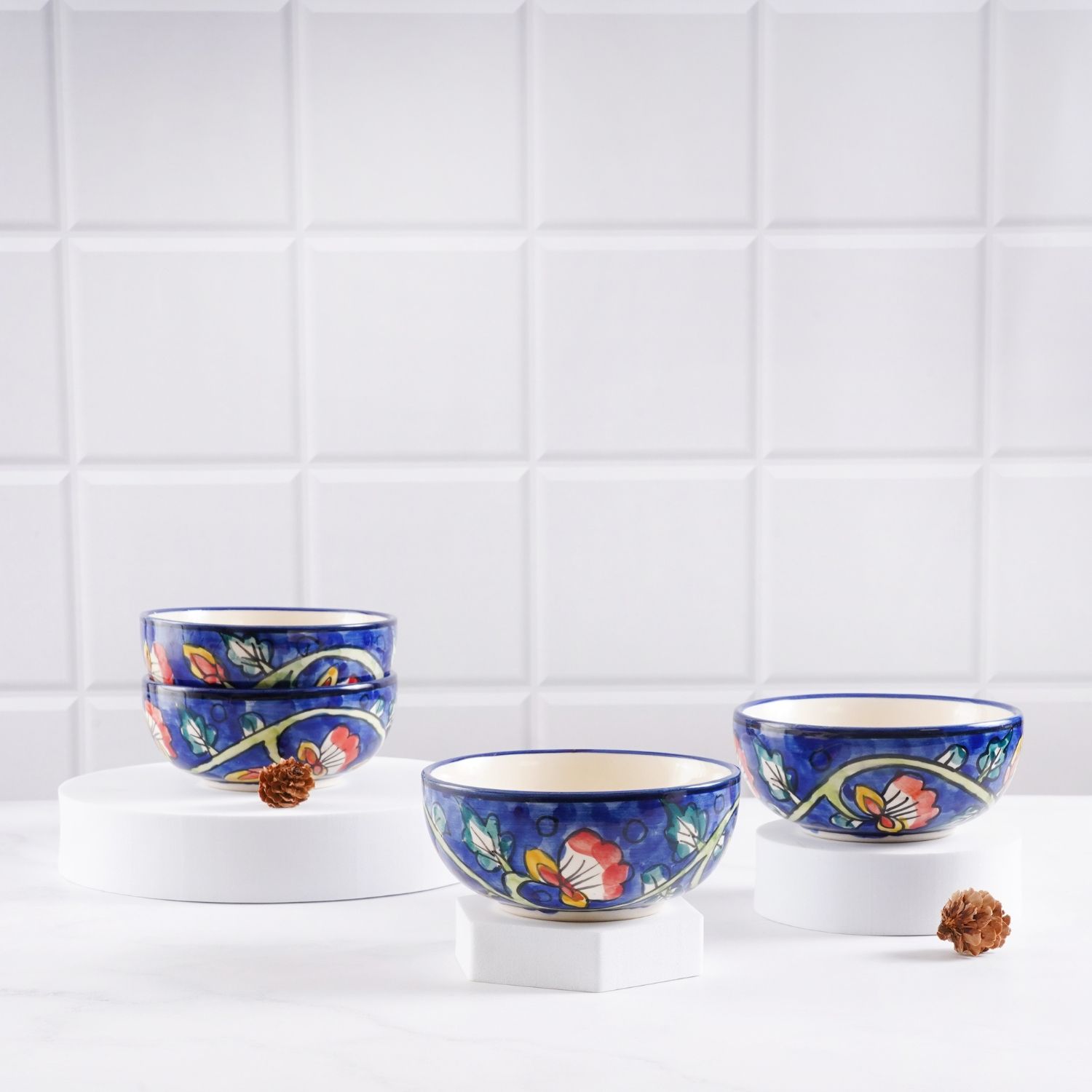 STOREPEDIA Handmade Blue Mughal Print Ceramic Bowls/Katori Microwave Dishwasher Safe Mughal Floral Print Bowl for Kitchen Dining Table Gift Serving Fruits, Bowl Set 250 ml Set of 4