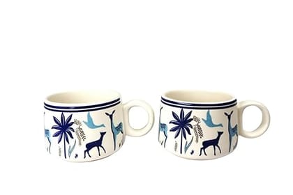 STOREPEDIA Handmade Stag Blue Ceramic Tea Coffee Cup Mug Set of 2 Microwave Dishwasher Safe Medium Size Chai Milk Cups for Home Office Gift Use 150 ml Multicolor