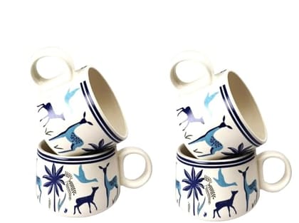 STOREPEDIA Handmade Stag Blue Ceramic Tea Coffee Cup Mug Set of 4 Microwave Dishwasher Safe Medium Size Chai Milk Cups for Home Office Gift Use 150 ml Multicolor