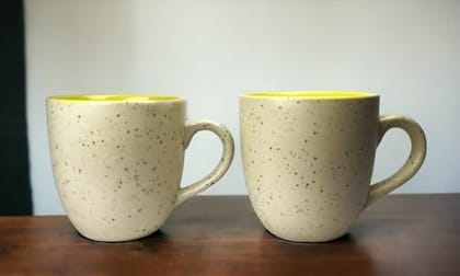 STOREPEDIA Ceramic Mugs Cup Microwave Dishwasher Safe Medium Size Coffee Tea Chai Milk Cups for Home Office Multipurpose Use 200 ml Set of 2 Beige Color with Yellow Inside