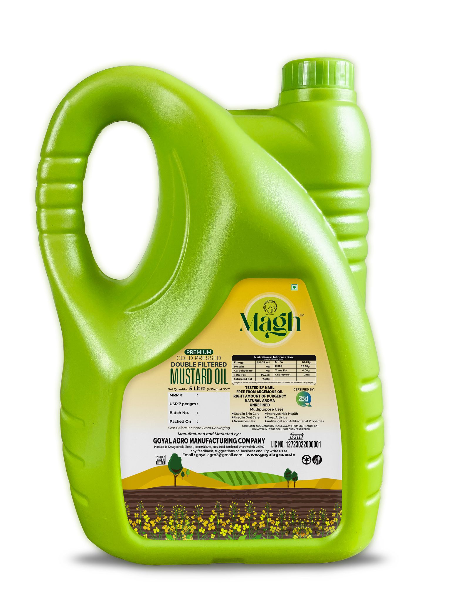 MAGH -COLD PRESSED - DOUBLE FILETERD - Premium - MUSTARD OIL - 5 liter