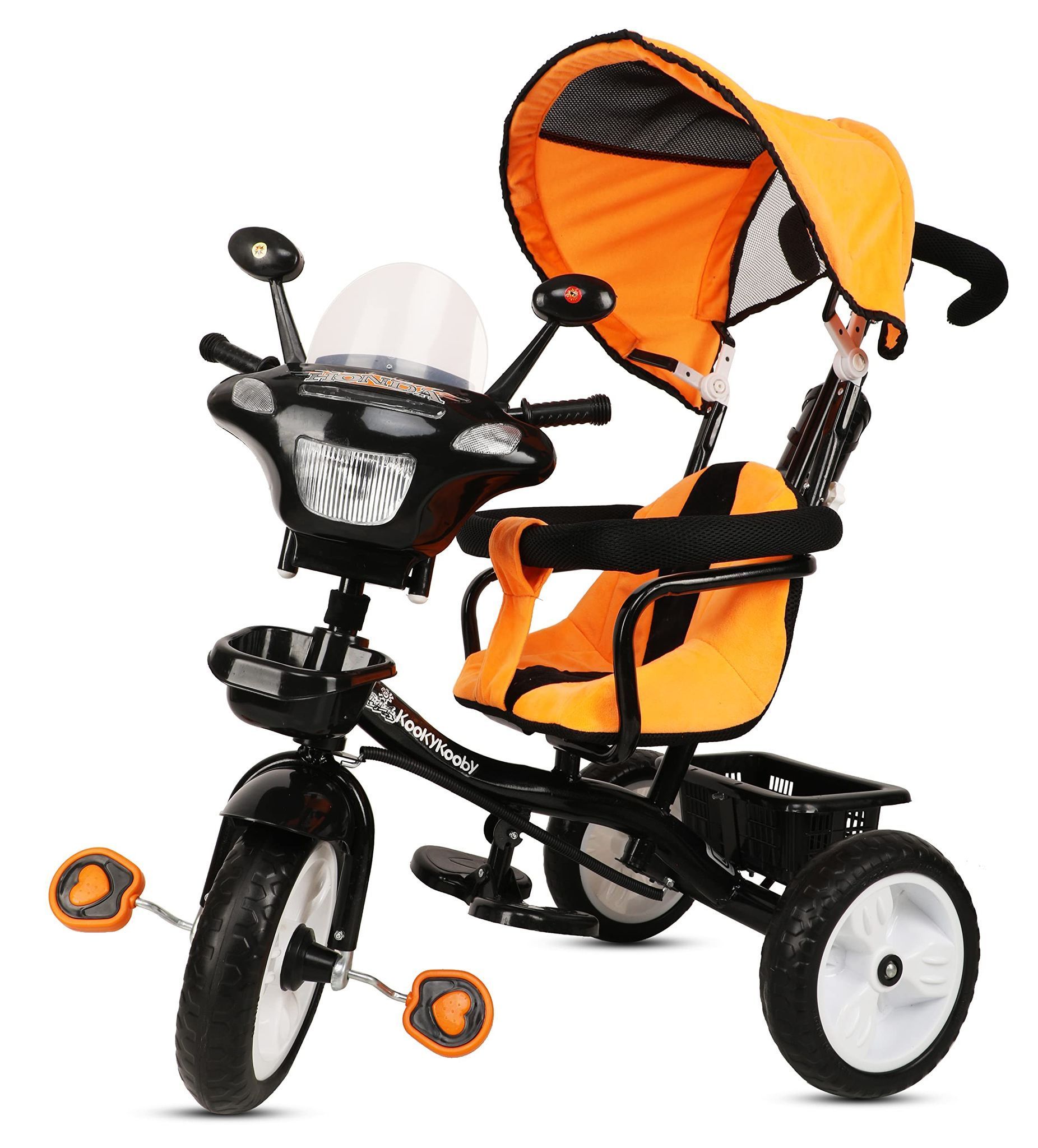 Amardeep Baby Tricycle Adore (1-5 Yrs) Plug N Play Wheels, with Cushioned Seat, Safety Armrest, Parental Control, Musical Horn and Canopy (Orange)