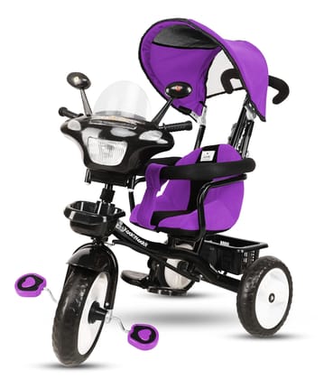 Amardeep Baby Tricycle Adore (1-5 Yrs) Plug N Play Wheels, with Cushioned Seat, Safety Armrest, Parental Control, Musical Horn and Canopy (Purple)