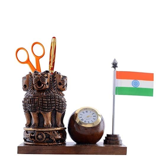 Patwari Arts Wooden Dark Brown Ashokha Stambh Pen Stand With Watch And Flag, Pen Stand, Desk Organizer, Pen Holder, Peen/Pencil Holder.