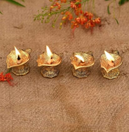 Metal Shank Candle Holder Diya for Diwali Home Decoration - Golden Metal Diya for Home Decor, (Diya- 4pc)