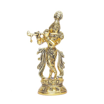 Elevate Your Spiritual Space with a Gold-Plated Flute Playing Lord Krishna Idol: A Premium Showpiece Figurine for Pooja Room and Gifting