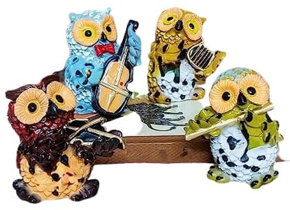 Set of 4 Musical Owl Showpiece Figurines for Home & Office Decor, Garden Statues Decoration Items for Good Luck and Gifting (Multicolor).