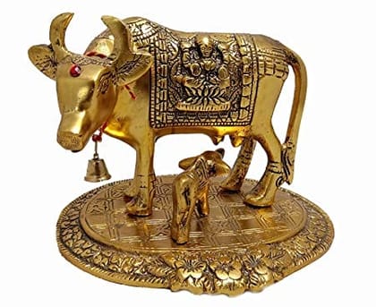 Patwari Arts Metal Golden Color Kamdhenu Cow and Calf for Home Temple, Office Temple, Home Decoration Showpiece.
