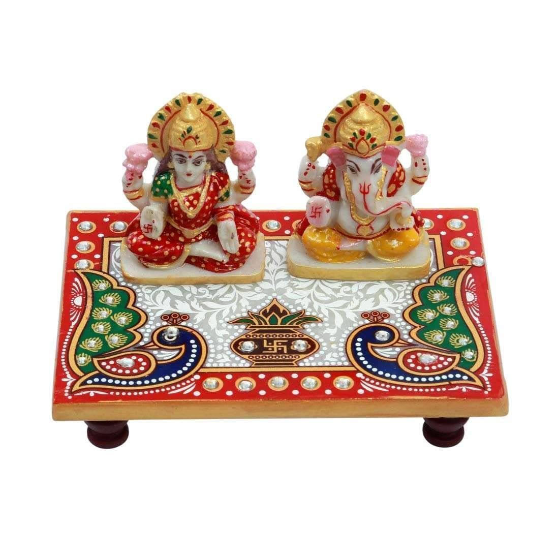 Patwari Arts Laxmi Ganesh Ji Idol with Marble Choki, Hand-Crafted Peacock Design Small Marble Chowki for God (6x4 Inche)