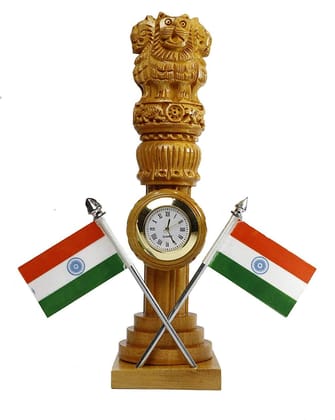 Patwari Arts Wooden Carved Ashoka Stambh Pillar with 2 Flags & Clock for Office and Study Table, Brown Color Pack of 1 for Gift