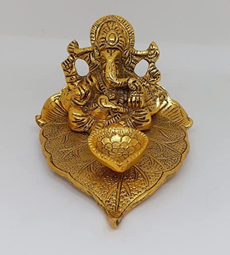 Patwari Arts Metal Ganesh Ji On Leaf with Diya Religious Idol of Lord Ganesha, Metal Hand Craved for Home Decorative Gift.