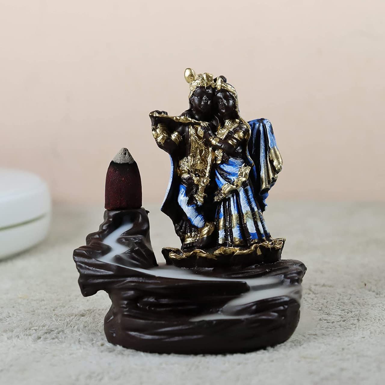 Resin Smoke Backflow Fountain Like Waterfall Radha Krishna Incense Holder Decorative Showpiece Gift with Free 10 Scented Cone Incenses (Blue).