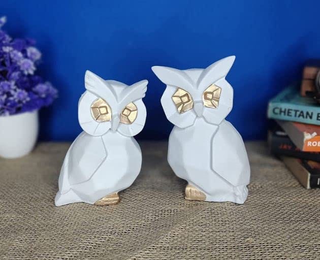 Polyresin White Owl Showpiece Set of 2 for Home and Office Decor Showpiece, Desk Organizer Showpiece.