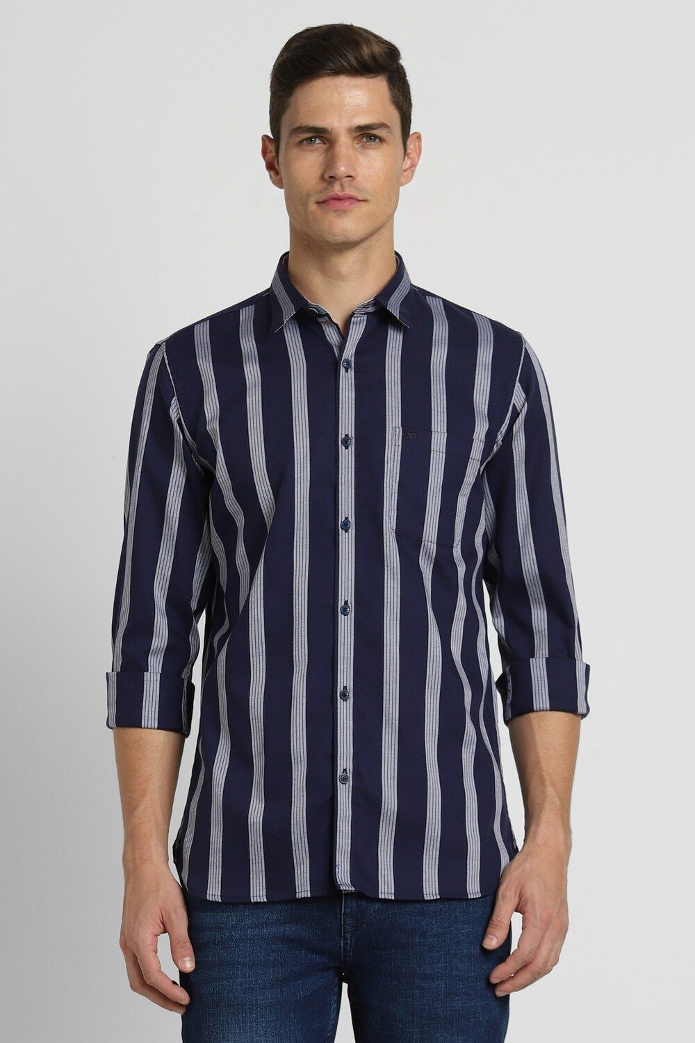 Men Navy Slim Fit Stripe Full Sleeves Casual Shirt