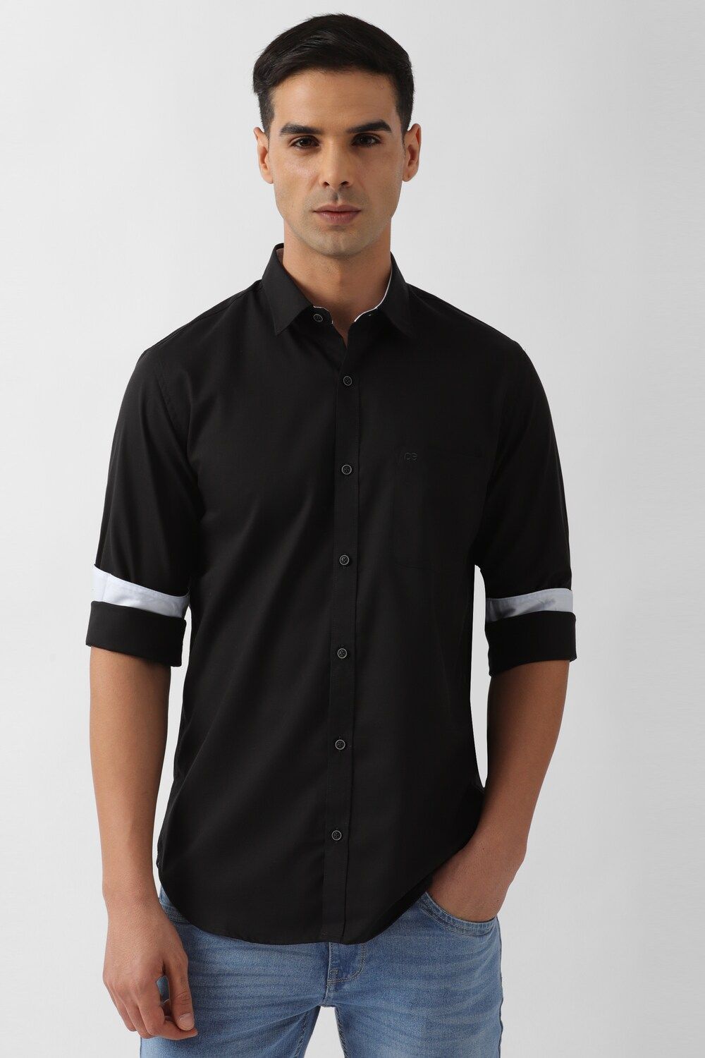 Men Black Slim Fit Solid Full Sleeves Casual Shirt