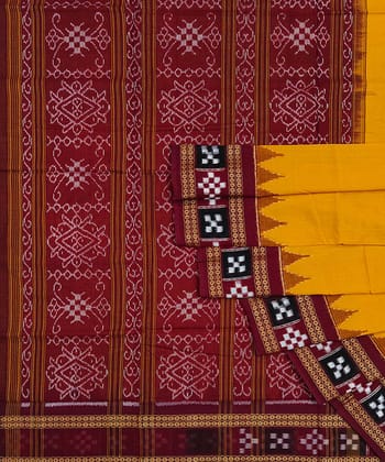 Yellow Red Sambalpuri Handwoven Single Ikat Cotton Saree