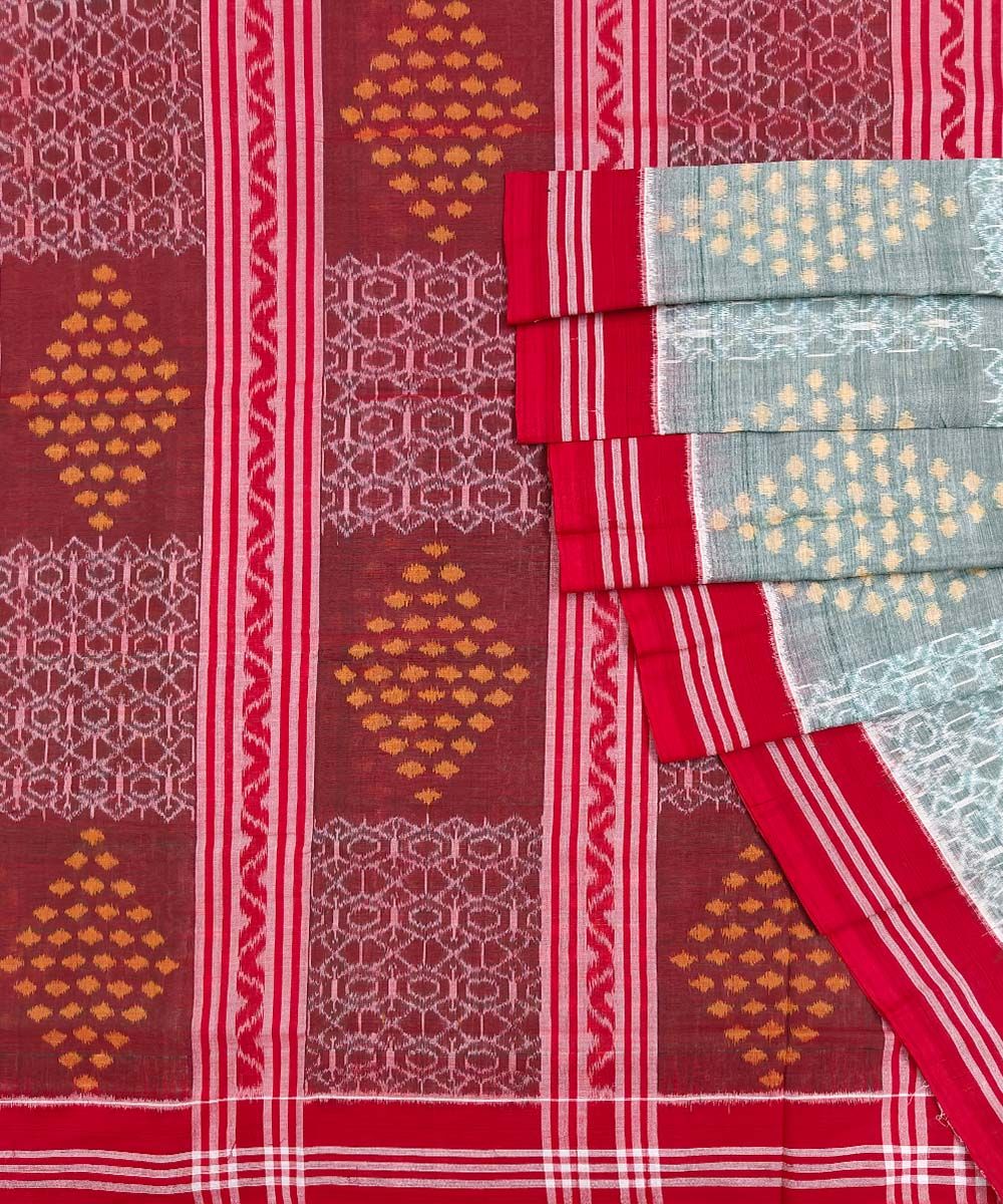 Gray Red Sambalpuri Handwoven Single Ikat Cotton Saree