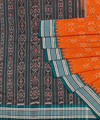 Orange Black Sambalpuri Handwoven Single Ikat Cotton Saree