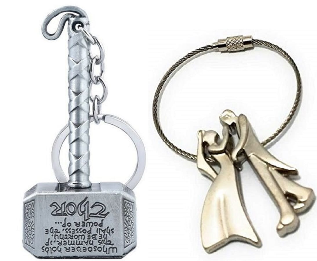 KD COLLECTIONS Thor Hammer Metal Keychain & Dancing Wired Couple Metal Keychain Combo – Silver Grey Color – Pack of 2 Keychains