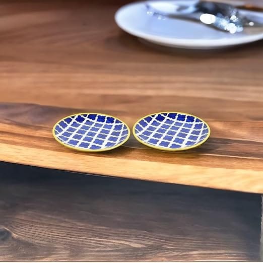 STOREPEDIA Handmade Ceramic Moroccan Dinner Plates, Serving Plates, Dining Table Pottery Decorative Plate, Microwave Dishwasher Safe Light Weight Daily Use 10 Inch, Set of 2 Blue Yellow Border