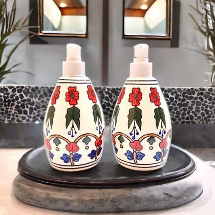 STOREPEDIA Handprinted Ceramic Soap Dispenser Handwash Liquid Shampoo Dispenser Lotion Gel Sanitizer Dispenser for Bathroom Home Kitchen Hotel Use, 400 ml Multicolor Pack of 2