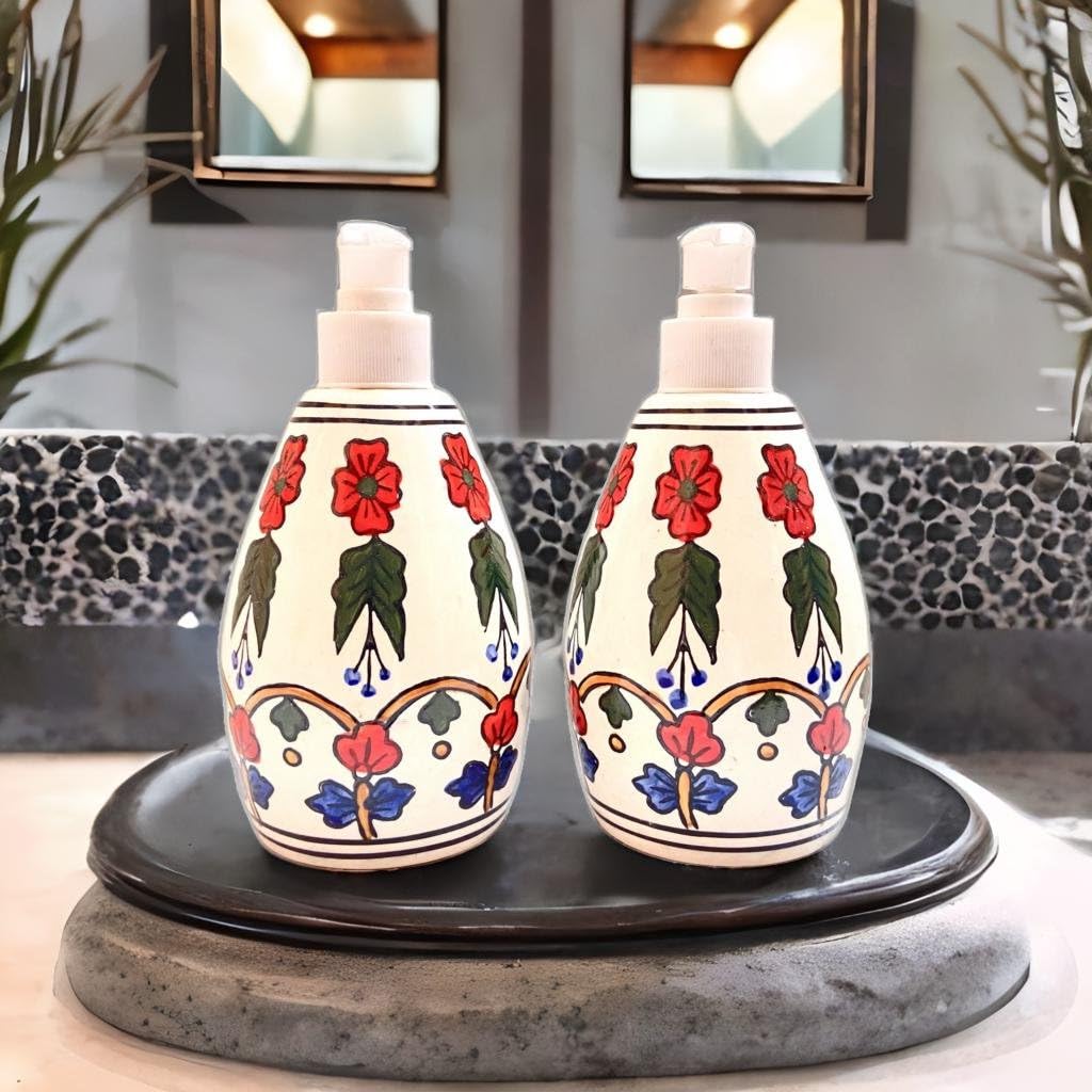 STOREPEDIA Handprinted Ceramic Soap Dispenser Handwash Liquid Shampoo Dispenser Lotion Gel Sanitizer Dispenser for Bathroom Home Kitchen Hotel Use, 400 ml Multicolor Pack of 2