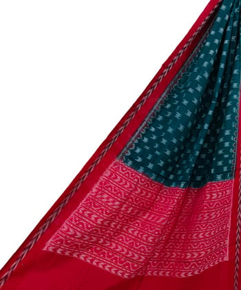 Green Red Sambalpuri Handwoven Single Ikat Cotton Dupatta SFCDUP1452