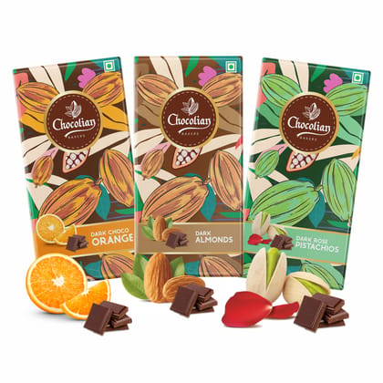 Chocolian Bakers Dark Chocolate With Almond, Dark Chocolate With Rose & Pistachio, Dark Orange Chocolate | 100% Veg | Eggless |