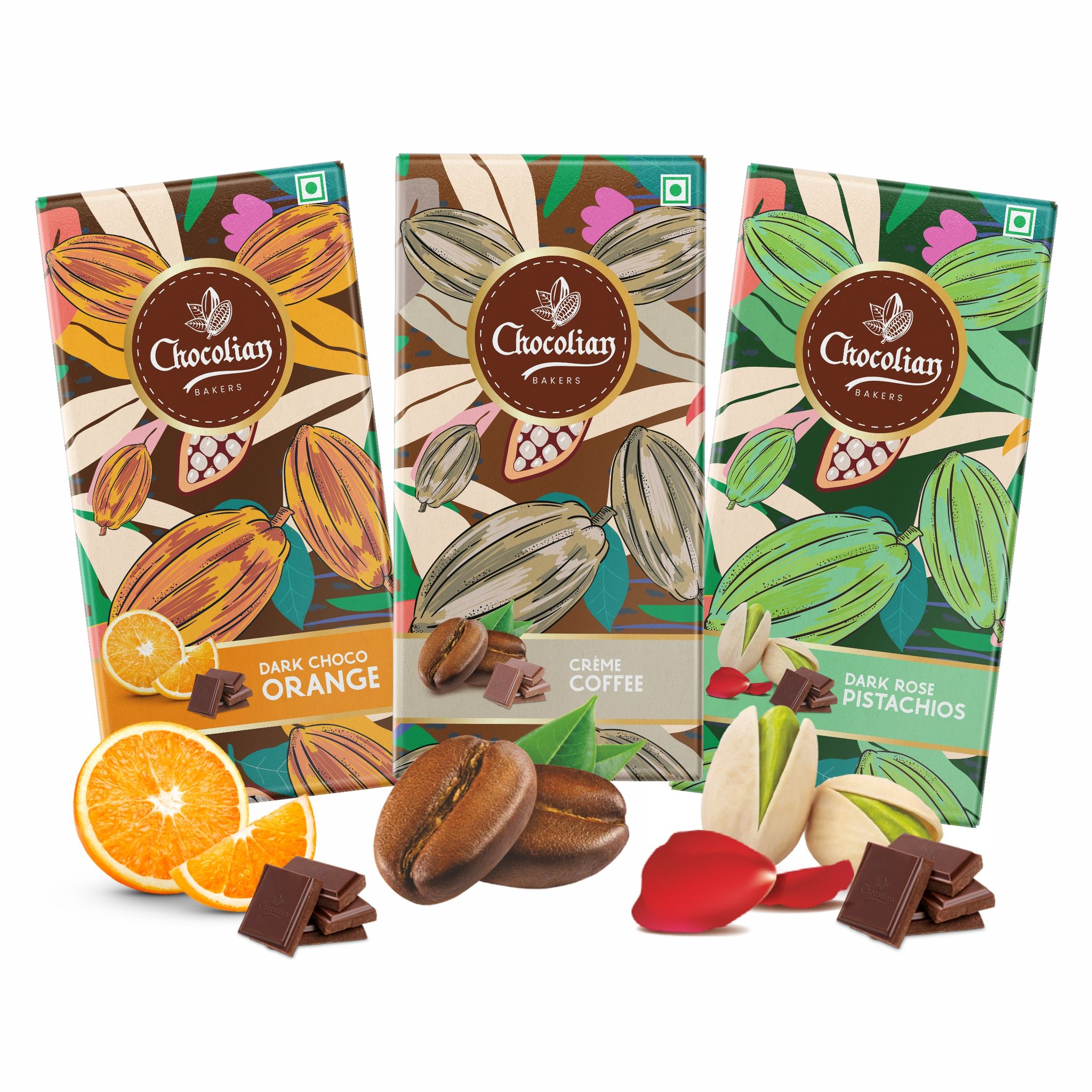 Chocolian Bakers Creame Coffee, Dark Rose Pistachio & Dark orange Chocolate Bar | Pack of 3 | 100% Veg | Eggless |