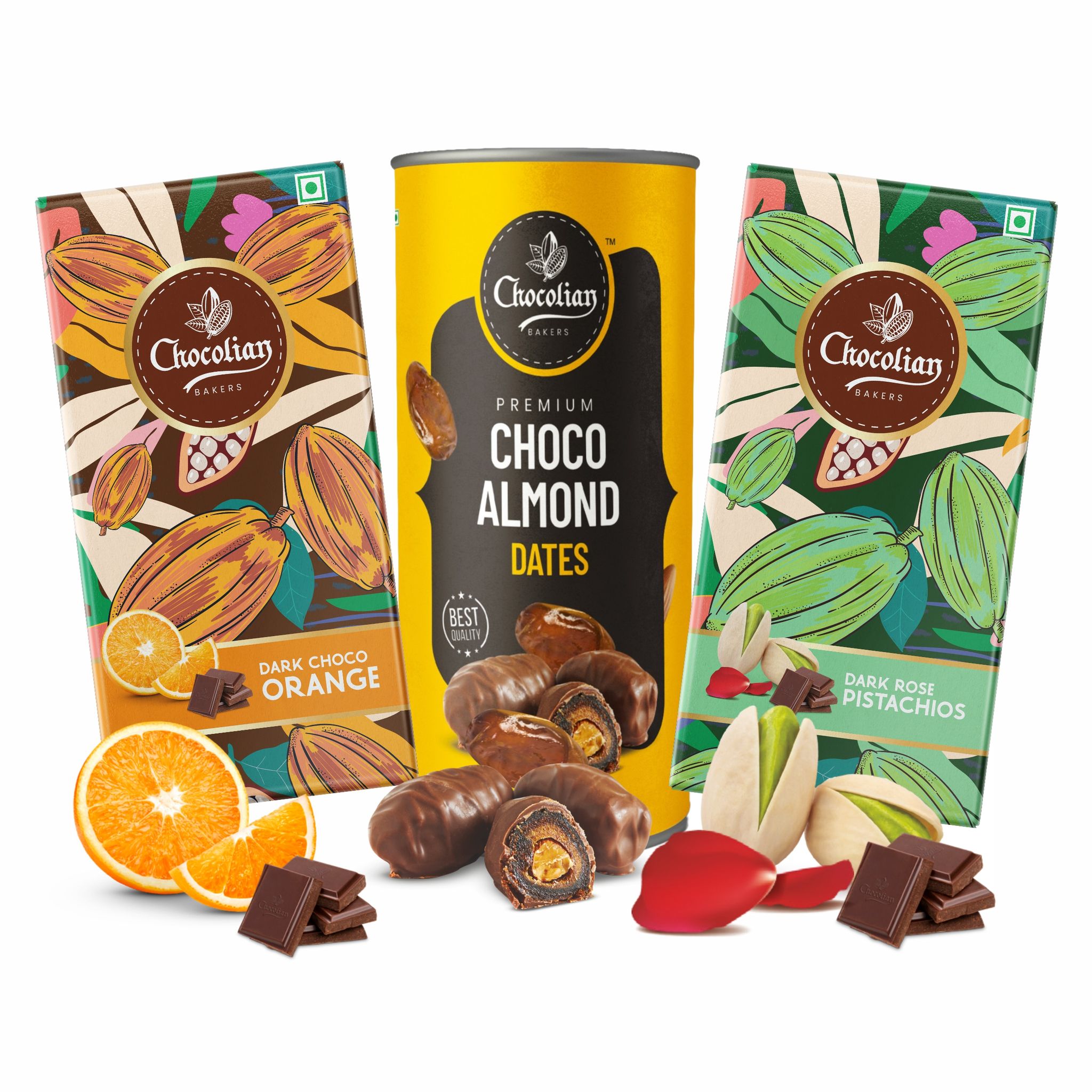 Chocolian Bakers Dark Chocolate Covered Almond Dates, Dark Chocolate with Rose & Pistachio, Dark Orange Chocolate Bar | 100% Veg | Eggless |