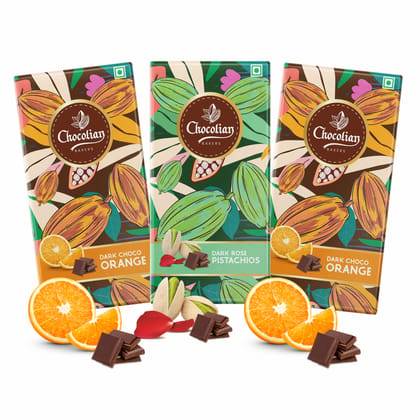 Chocolian Bakers Dark Orange Chocolate (Pack of 2) & Dark Chocolate with Rose Pistachio(Pack of 1) Chocolate Bar | Dark Chocolate | 100% Veg | Eggless |