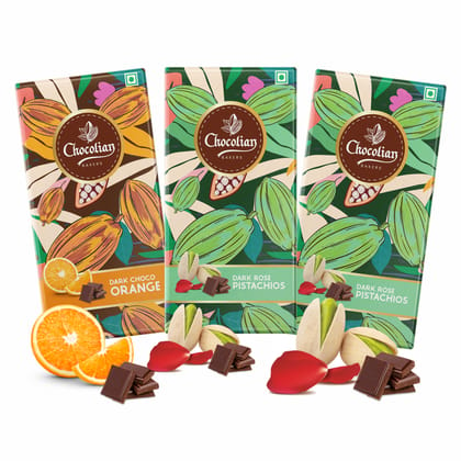 Chocolian Bakers Dark Rose Pistachio(Pack Of 2) & Dark Orange(Pack Of 1) Chocolate Bar | 100% Veg | Eggless |