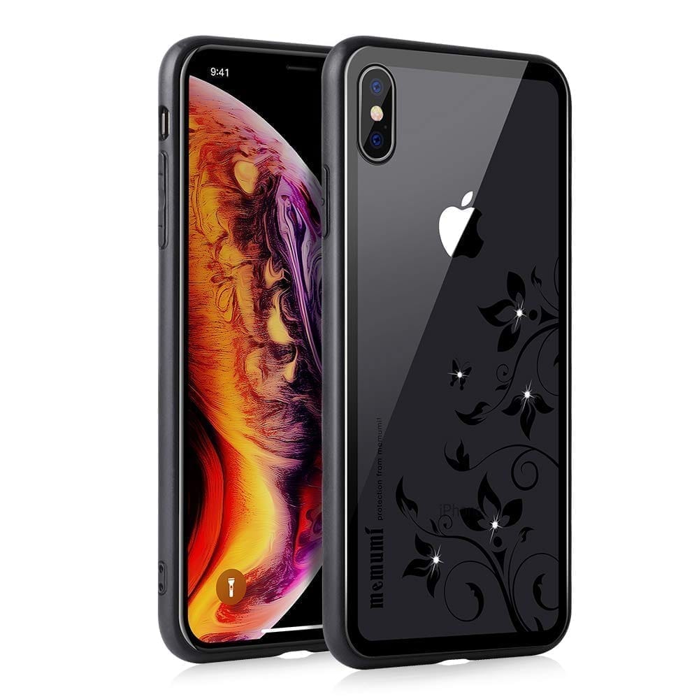 Memumi Crystal Series Tempered Glass Back Cover for Apple iPhone Xs - Flower-Black) (5.8")