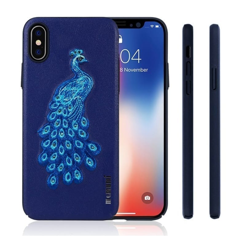 Memumi Peacock Series Real Embroidery Leather Back Cover for Apple iPhone X/10 PC + TPU-Blue (5.8")