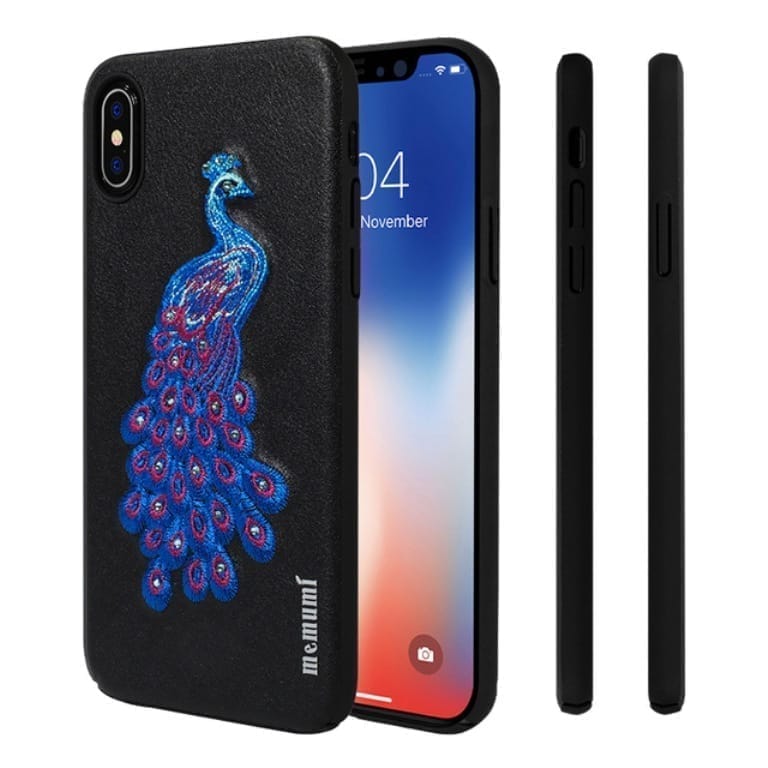 Memumi Peacock Series Real Embroidery Leather Back Cover for Apple iPhone X/10 PC+TPU-Black (5.8")