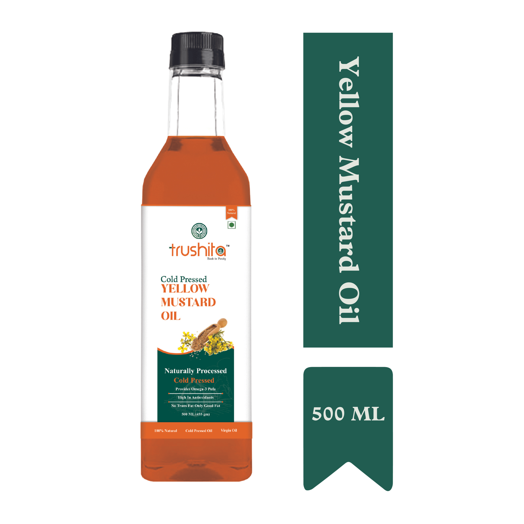 Trushita Cold Pressed Yellow Mustard Oil -500ml | Pet Bottle | Kolhu/Kacchi Ghani/Chekku | 100% NATURAL | Virgin Oil | Unrefined | Chemical-Free | 100% Pure Edible Oil, Healthy Cooking, Frying