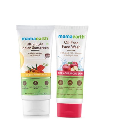 Mamaearth Ultra Light Indian Sunscreen SPF50 PA+++ With Turmeric & Carrot Seed (80gm) + Mamaearth Oil-Free Face Wash For Oily Skin, With Apple Cider Vinegar & Salicylic Acid (100ml) COMBO