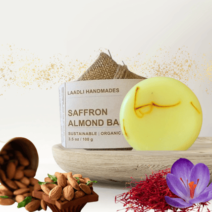 Saffron Almond Bar | 100% Handmade Organic Natural Soap | 85 gm | Almond | Remove skin pigmentation, Anti-tanning, Complexion enhancer, Eliminate dead skin cells, Vitamin A, B1, B2 & E, Reduce skin dryness, Inflammation, dark spots, and scars